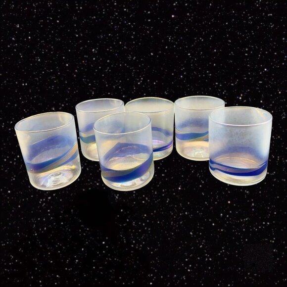 Studio Art Glass Juice Glasses Iridescent Hand Made Signed Roo Rum Set 6 Tumbler - Picture 2 of 14